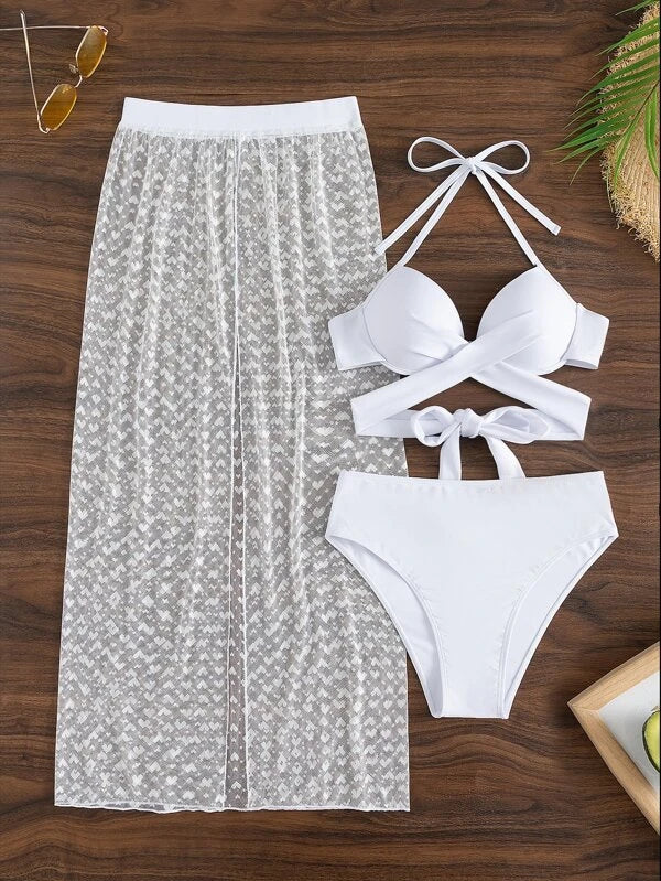 Conjunto Feminino Biquini Cruzado e Saia Saída de Praia Vogue