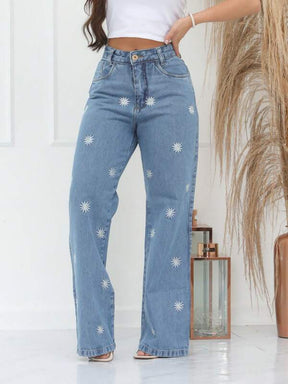 Calça Feminina jeans com bordado Wide Pantalona