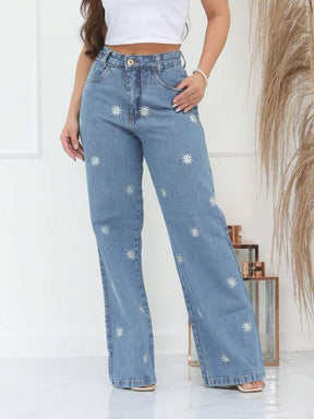 Calça Feminina jeans com bordado Wide Pantalona