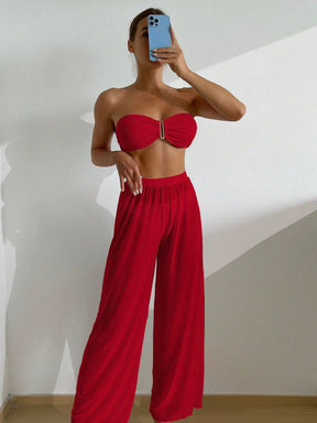 Conjunto Feminino Biquini e Calça Plissada Cor Sólida Vogue