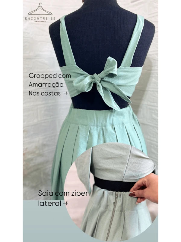 Conjunto Feminino Cropped Laço e Saia Midi Luxo