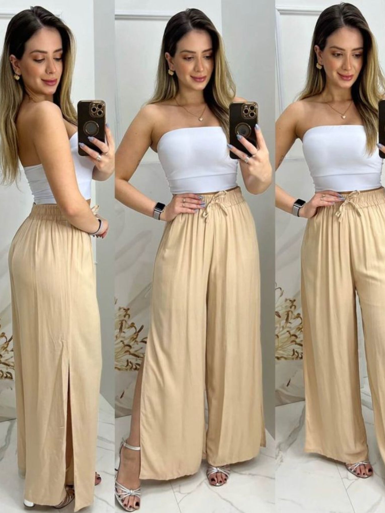 Calça Feminina Pantalona com forro com fenda