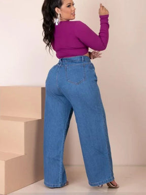 Calça Jeans Feminino Plus Size Pantalona Lisa Élegance